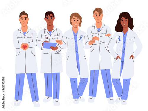 Set of diverse doctors characters. Group portrait, smiling medical team standing together. Vector flat illustration isolated on white background