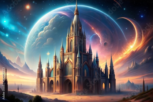 Spectacular cosmic fantasy castle at dawn with planets and stars