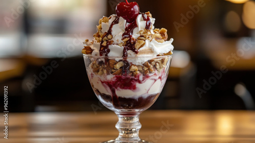 An ice cream sundae topped with whipped cream, nuts, and a cherry, served in a glass dish