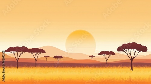 Sunset over a savannah, acacia trees, flat design illustration