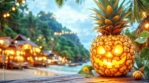 Tropical Beach Halloween Celebration with Pineapple Jack-O-Lantern by the Ocean at Sunset photo