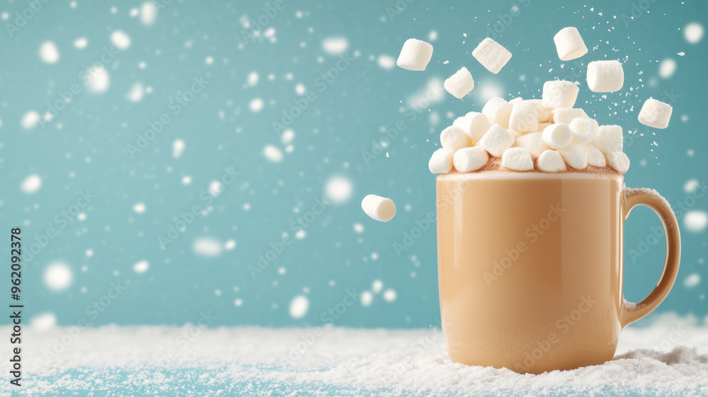 A Cup of hot cocoa with marshmallows on falling snow background A Cup of hot cocoa with marshmallows on falling snow background