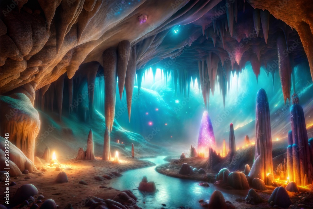 Obraz premium Mystical underground cave with glowing rocks and serene stream flowing
