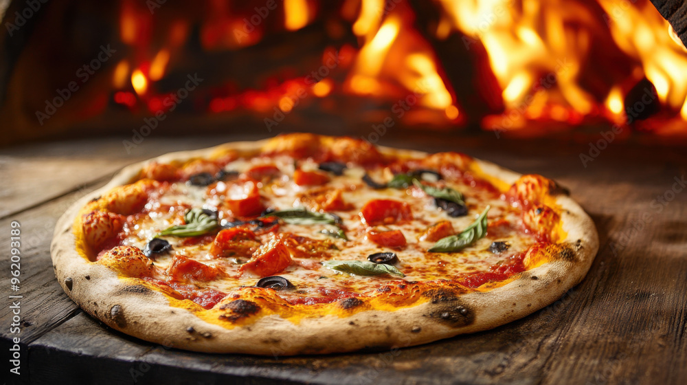 A pizza in a wood-fired oven, with flames creating a warm, rustic atmosphere A pizza in a wood-fired oven, with flames creating a warm, rustic atmosphere