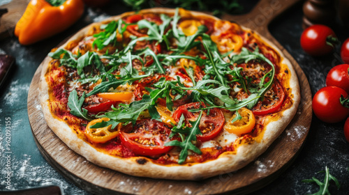 A colorful vegetarian pizza loaded with fresh tomatoes, bell peppers, and arugula