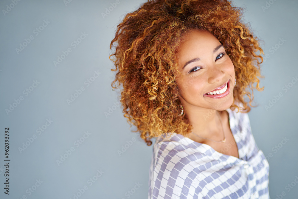 Studio, hair and portrait of woman, confident and smile of entrepreneur, texture and hairdresser. Grey background, happy and person with afro, treatment and haircare in salon, professional and Brazil Studio, hair and portrait of woman, confident and smile of entrepreneur, texture and hairdresser. Grey background, happy and person with afro, treatment and haircare in salon, professional and Brazil