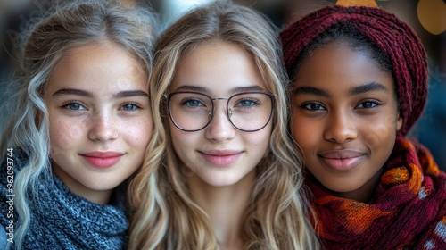 Three Young Women Smiling Together, Showing Diversity and Friendship