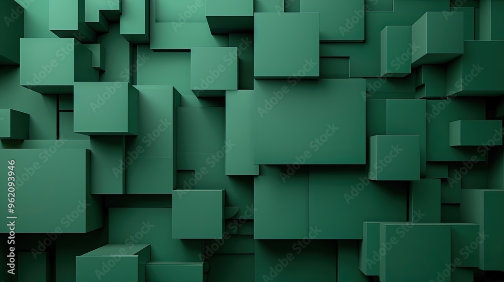 3d square ceramic Abstract background in a jade green color, broken up into blocks of different levels, with a lighter linking design overlapping