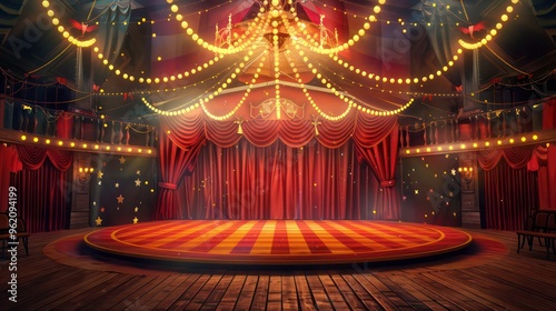 An empty stage with red curtains and a striped platform under a circus tent ceiling with lights and decorations.