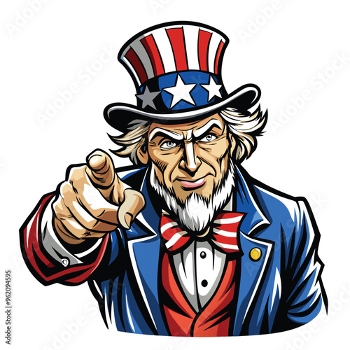 Determined man pointing finger, patriotic illustration, symbolizes recruitment, promotional poster. Uncle Sam vector illustration with pointing hand.
