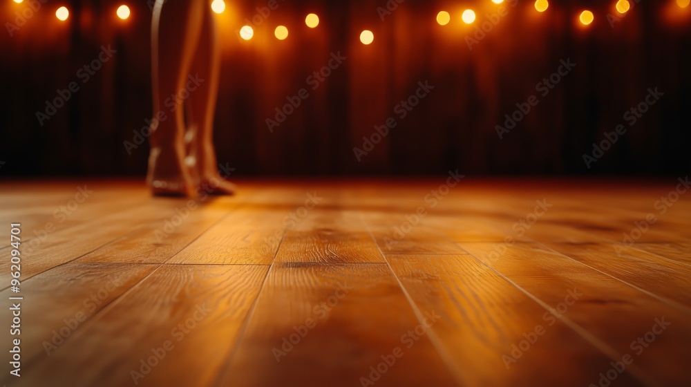 A person stands barefoot on a smooth wooden floor illuminated by soft, warm lights A person stands barefoot on a smooth wooden floor illuminated by soft, warm lights