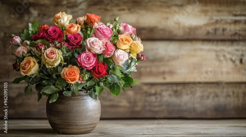 A charming bouquet of mixed roses in a variety of colors, arranged in a rustic ceramic vase, creating a cozy and inviting display.