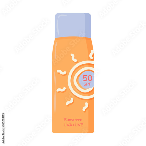 Sun protection in a bottle, aerosol, spray. Cosmetic product with SPF protection. In vector, in a flat style.