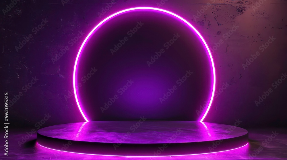 A 3D rendering of a glowing pink neon circle above a marble podium. A 3D rendering of a glowing pink neon circle above a marble podium.