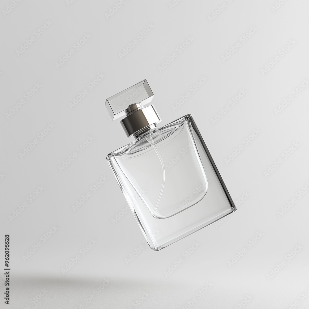 mock up transparent perfume bottle flying in the air, isolated on clean white studio background, Ai generated image mock up transparent perfume bottle flying in the air, isolated on clean white studio background, Ai generated image