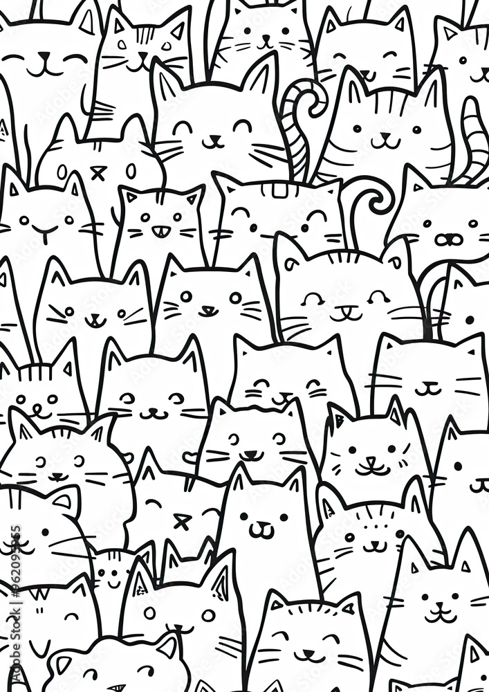 Fototapeta premium b&w coloring page, kawaii cats, coloring book for kids, simple, outline no colour, cute, many cats in different positions