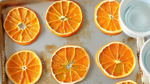 A baking sheet with dried orange slices on it