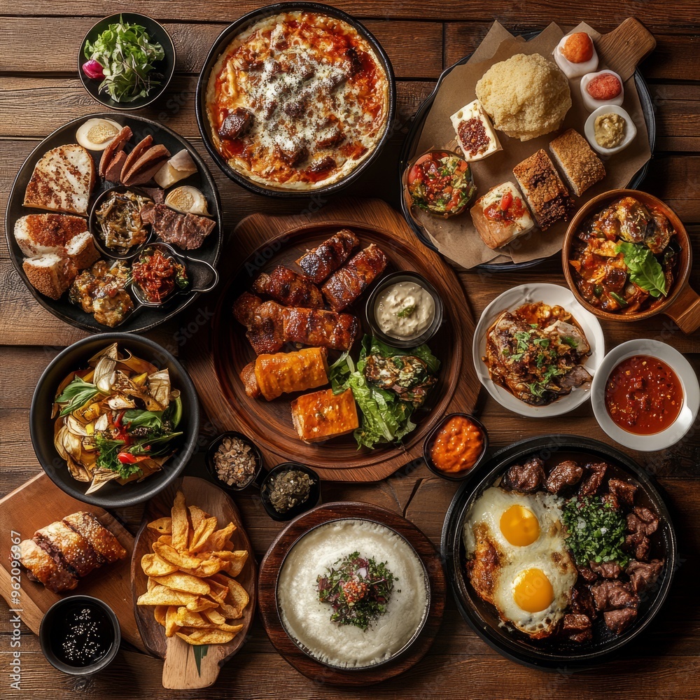 An assortment of international cuisines displayed on a rustic table, highlighting the diversity of global food cultures for World Food Day An assortment of international cuisines displayed on a rustic table, highlighting the diversity of global food cultures for World Food Day