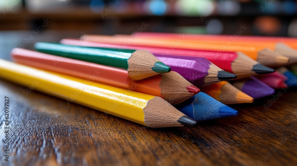 Colorful Pencils Stacked on Wooden Table