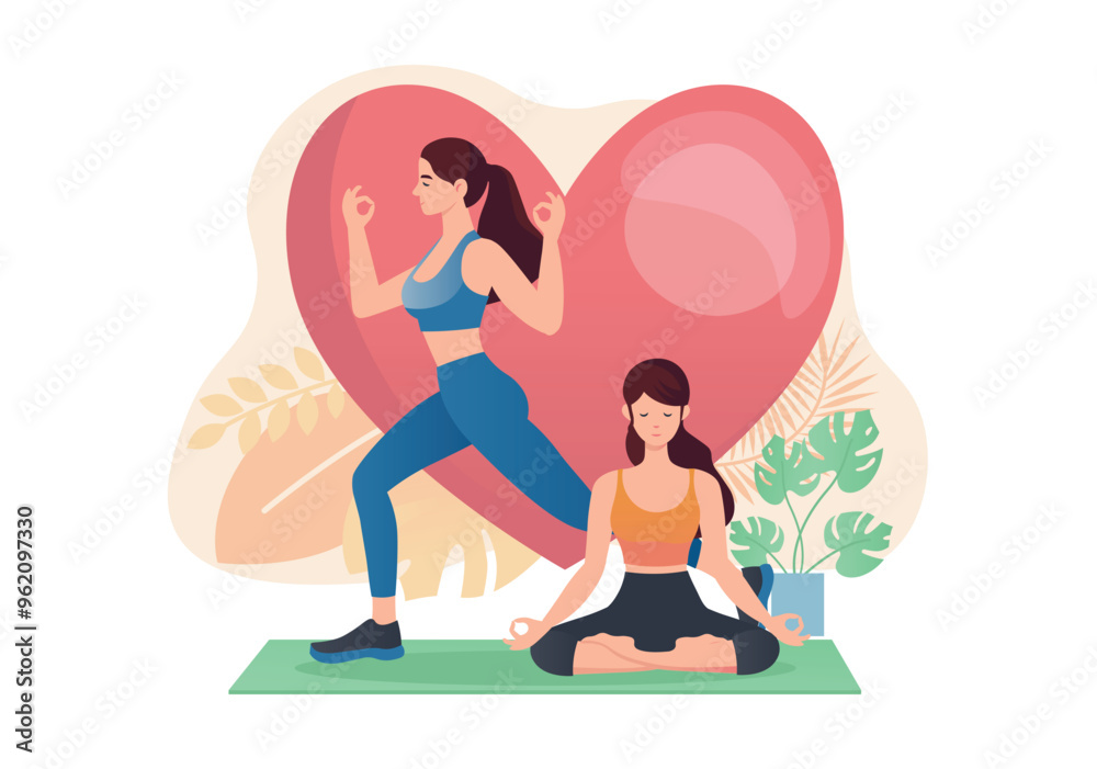 People at a yoga session concept with people scene in the flat cartoon style. Two women doing yoga poses and meditating against the background of a large heart symbol. Vector illustration. People at a yoga session concept with people scene in the flat cartoon style. Two women doing yoga poses and meditating against the background of a large heart symbol. Vector illustration.
