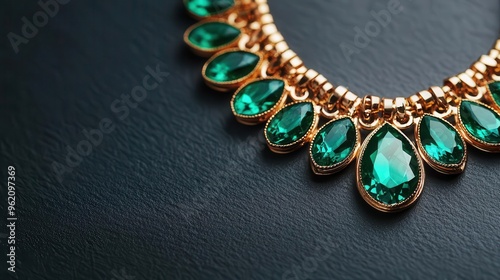 Close-up of a statement necklace with gold chains and a large emerald centerpiece, Jewelry, Luxury design photo