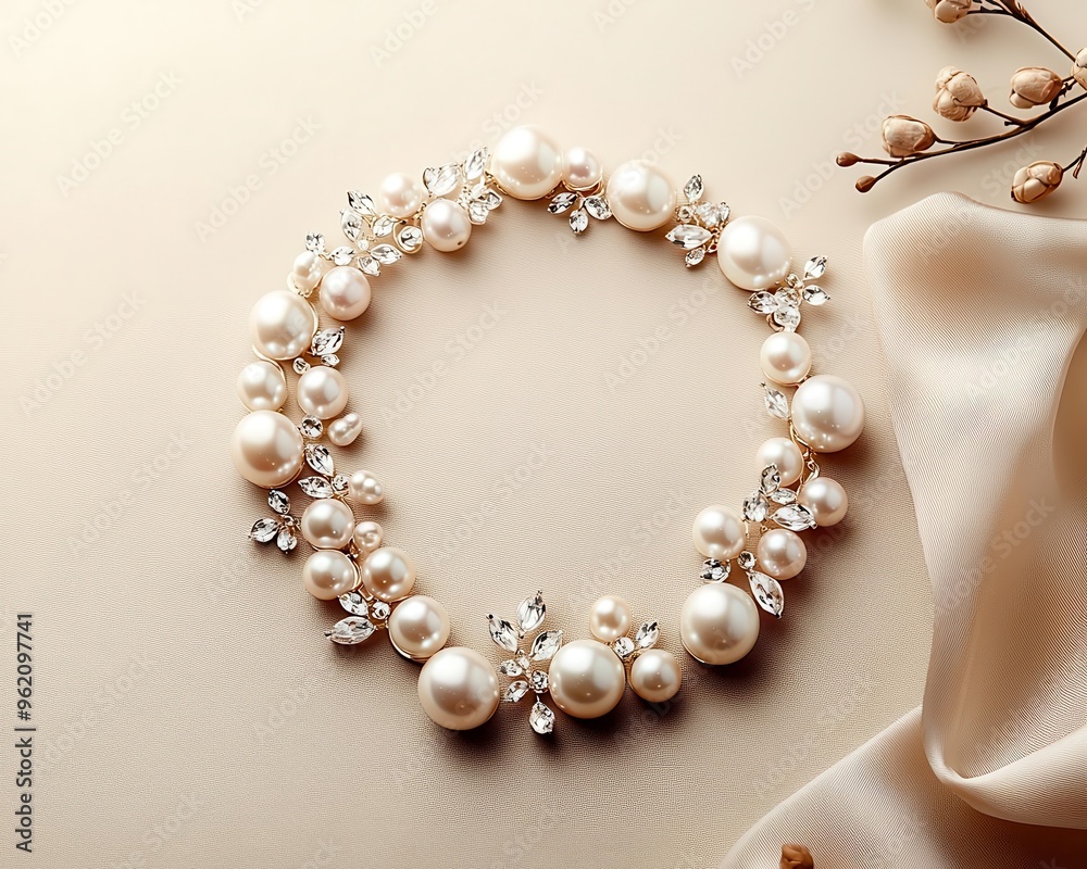 Statement necklace with oversized pearls and crystal embellishments, displayed elegantly on a silk backdrop, Jewelry, Classic luxury Statement necklace with oversized pearls and crystal embellishments, displayed elegantly on a silk backdrop, Jewelry, Classic luxury