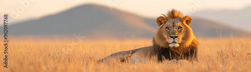 A majestic lion rests in golden grass  with mountains in the background  capturing the essence of wildlife in its natural habitat.