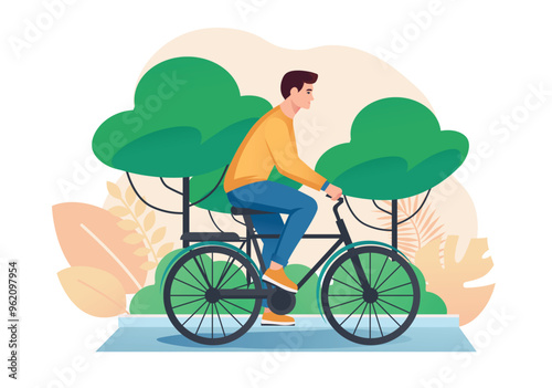 Man riding a bicycle concept with people scene in the flat cartoon style. A man rides a bicycle on a path lined with lush green trees in a quiet city park under a clear sky. Vector illustration.