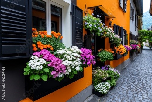 Wallpaper Mural Beautiful cozy street, flower boxes overflowing, fragrant blooms brings life and color to every window, filling the air with sweet scents Torontodigital.ca