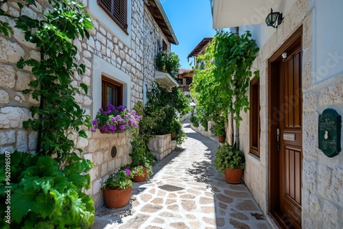 Beautiful cozy street, old stone buildings, centuries of history tells stories of the past with its well-preserved architecture and narrow lanes photo