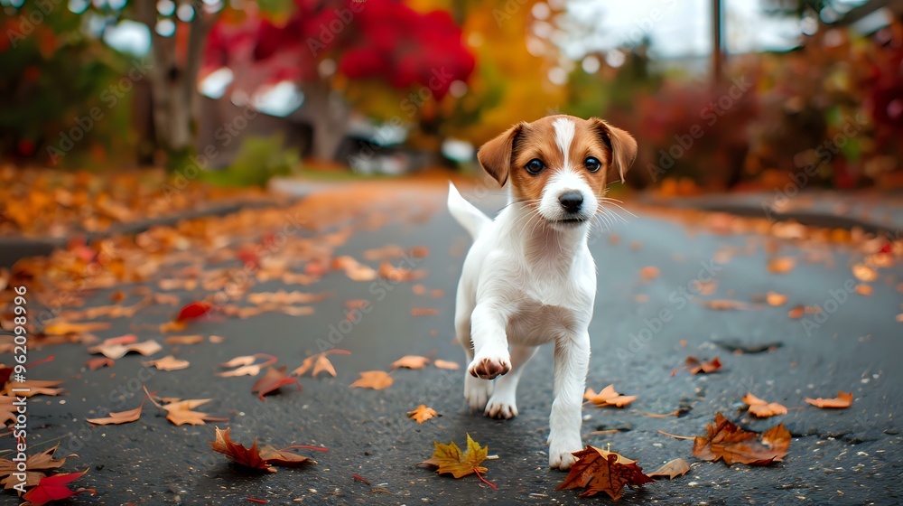 A playful puppy runs on a leaf-strewn path in a colorful autumn setting. A playful puppy runs on a leaf-strewn path in a colorful autumn setting.