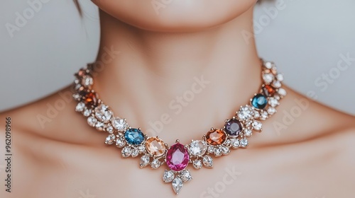 Model wearing an elaborate statement necklace with sparkling diamonds and colorful gemstones, Jewelry, Necklace style