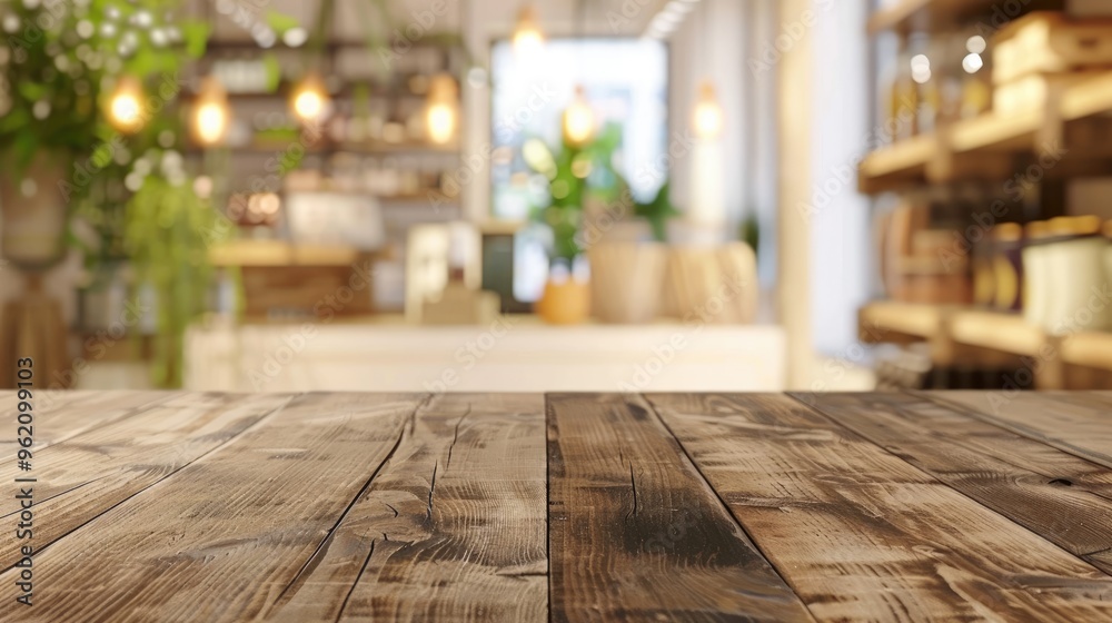 Wooden table and interior background with blurred store display Wooden table and interior background with blurred store display