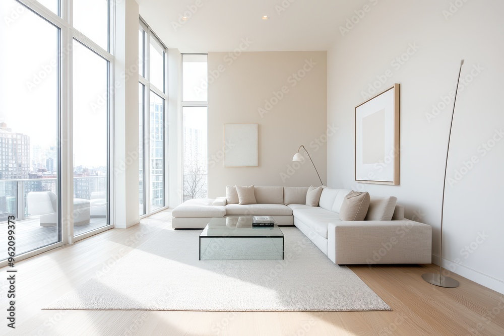 Stylish Modern Loft Living Room with Neutral Palette, Large Sectional, Glass Coffee Table, and Floor Lamp Stylish Modern Loft Living Room with Neutral Palette, Large Sectional, Glass Coffee Table, and Floor Lamp