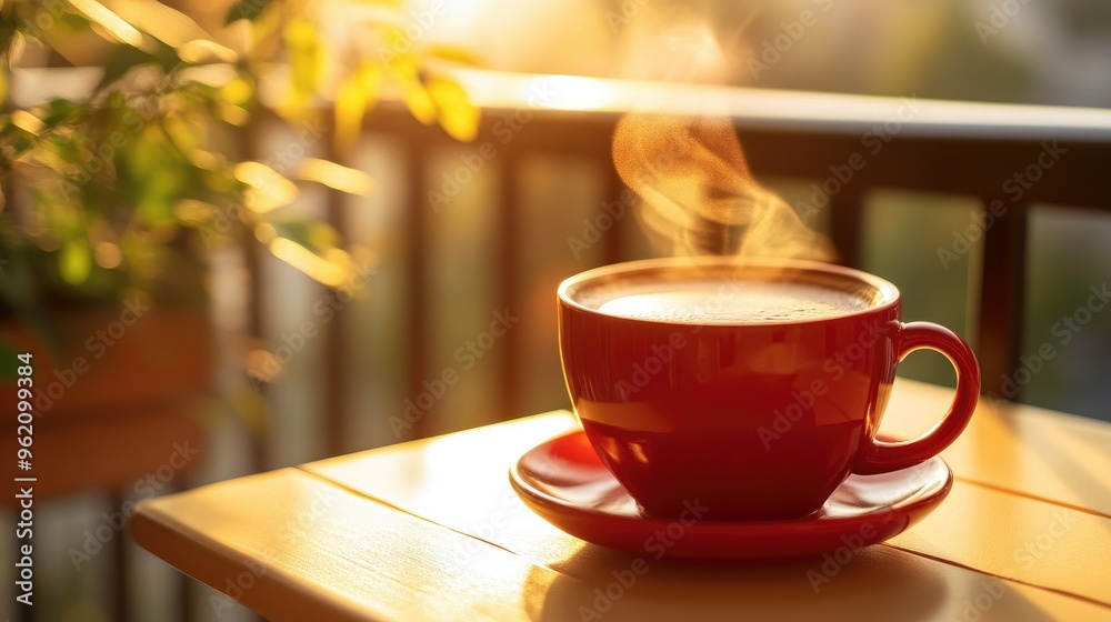 Fototapeta premium A closeup of a steaming hot coffee in a red ceramic cup, placed on a sunny balcony table in the morning.