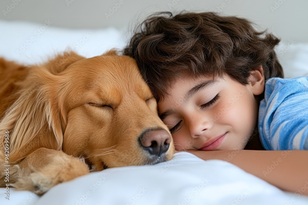 Children and pet, bedtime routine, winding down together as the child says goodnight and the pet curls up at the foot of the bed, ready for sleep Children and pet, bedtime routine, winding down together as the child says goodnight and the pet curls up at the foot of the bed, ready for sleep