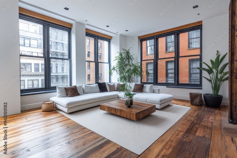 Modern Minimalist Loft Living Room with White Sofa, Wood Coffee Table, and Plants by Large Windows Modern Minimalist Loft Living Room with White Sofa, Wood Coffee Table, and Plants by Large Windows
