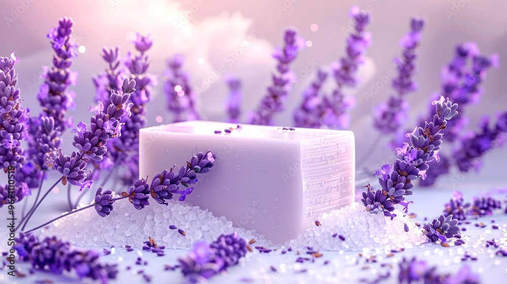 Creating serene lavender soap with delicate flowers and crystals in a tranquil setting Creating serene lavender soap with delicate flowers and crystals in a tranquil setting
