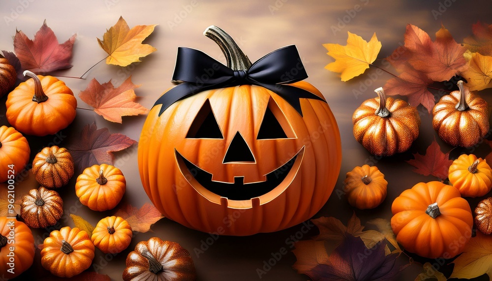 A jack-o'-lantern pumpkin with a black ribbon surrounded by smaller pumpkins and autumn leaves. A jack-o'-lantern pumpkin with a black ribbon surrounded by smaller pumpkins and autumn leaves.