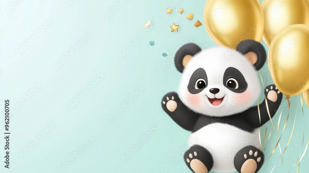 A panda bear is holding a bunch of gold balloons, AI A panda bear is holding a bunch of gold balloons, AI