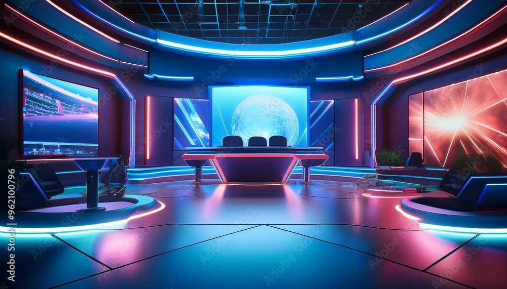 Obraz premium A modern tv hosting or game show studio set glowing with neon lights and futuristic design, ready for the next live broadcast