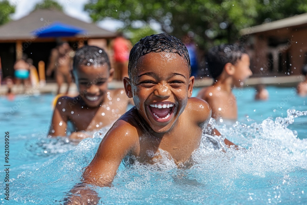 Children in the pool, cooling off, escaping the heat find relief from the hot sun as they jump into the cool, refreshing water Children in the pool, cooling off, escaping the heat find relief from the hot sun as they jump into the cool, refreshing water