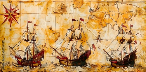 Vintage map illustration featuring sailing ships and navigational elements.