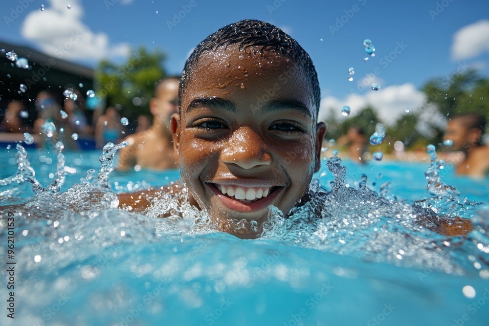 Children in the pool, sun shining, sparkling water reflect the joy of a perfect summer day, filled with fun and laughter Children in the pool, sun shining, sparkling water reflect the joy of a perfect summer day, filled with fun and laughter