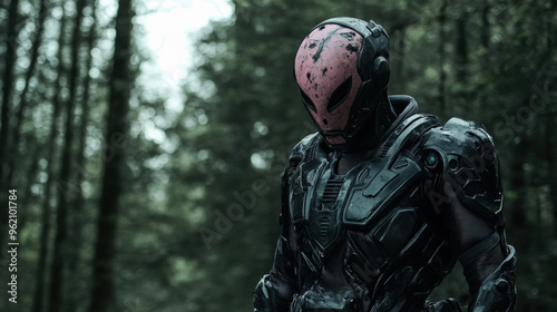 A alien in a black and pink costume is standing in a forest