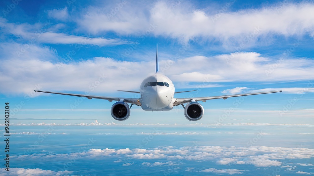 Obraz premium Airliner Soaring Through Clear Blue Skies Above Fluffy Clouds During Daylight Hours Over an Expansive Landscape