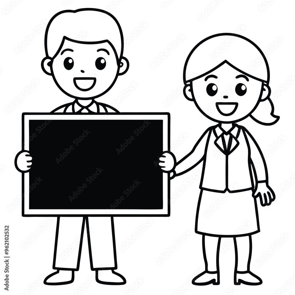 Character happy student and teacher holding blackboard Character happy student and teacher holding blackboard