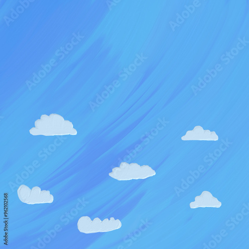 White clouds flow in the air with blue gradient background with ink brush paint style