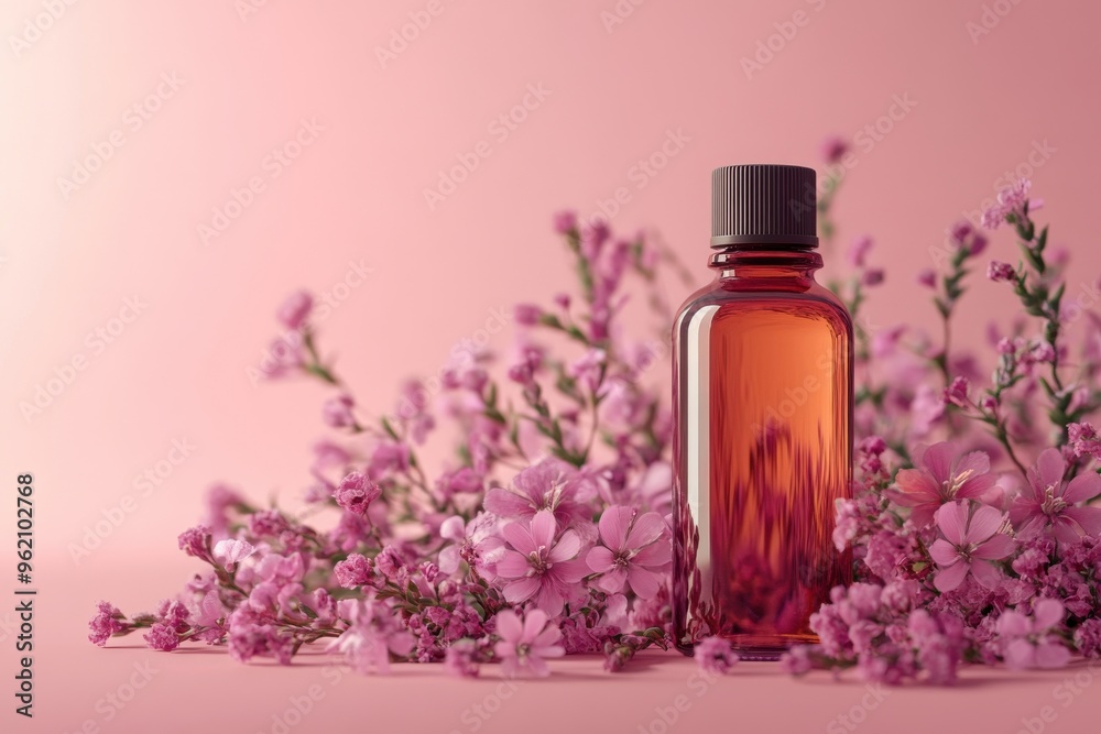 Amber Dropper Bottle Surrounded by Flowers on Soft Background Amber Dropper Bottle Surrounded by Flowers on Soft Background
