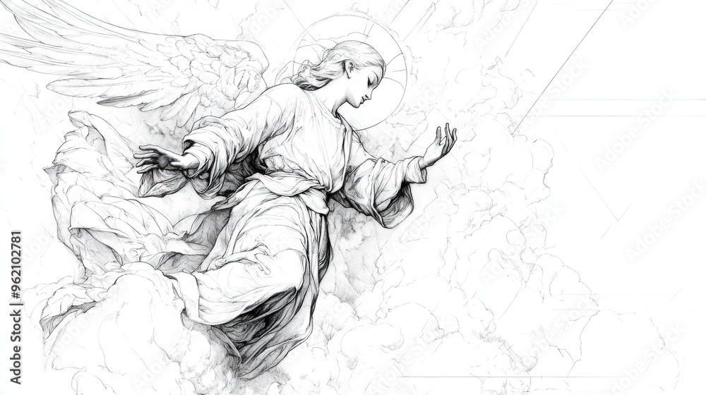 Angel on a background of the sky. Digital illustration. Black and white. Angel on a background of the sky. Digital illustration. Black and white.